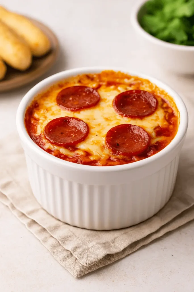 A freshly baked cottage cheese pizza bowl in a white ramekin topped with melted cheese and four slices of pepperoni, resting on a beige cloth napkin.