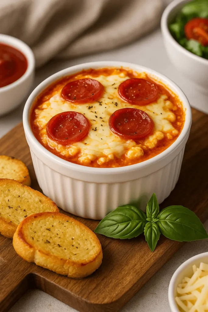 A cottage cheese pizza bowl topped with melted cheese and pepperoni, served in a white ramekin on a wooden board with garlic toast and fresh basil.