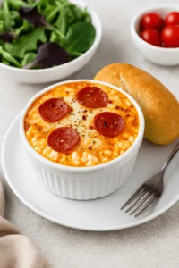 A cottage cheese pizza bowl topped with melted cheese, pepperoni, and red pepper flakes, served with a bread roll, fresh salad, and cherry tomatoes.