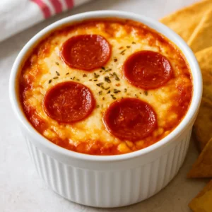 A cottage cheese pizza bowl in a white ramekin topped with melted mozzarella, pepperoni slices, and a sprinkle of herbs.
