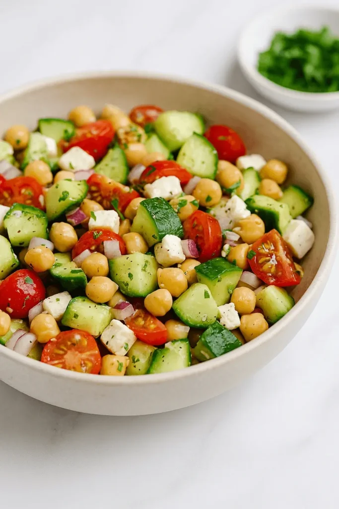 A bowl of cucumber chickpea salad featuring diced cucumbers, cherry tomatoes, chickpeas, red onions, and feta cheese, garnished with chopped herbs.