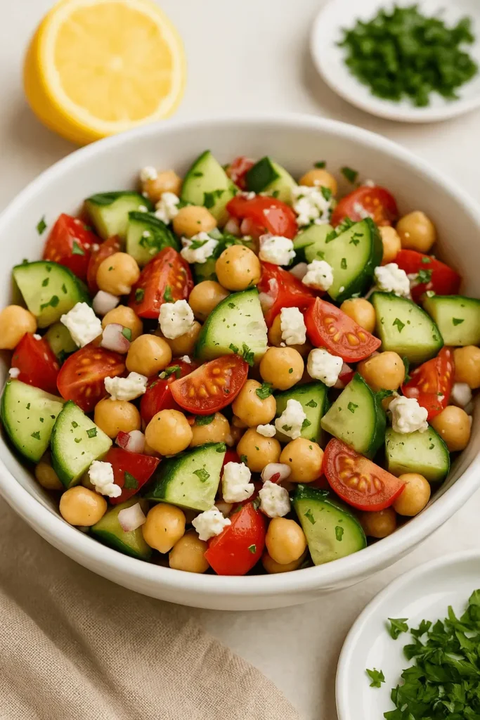Close-up of cucumber chickpea salad with tomatoes, feta, red onion, and herbs in a white bowl, styled with lemon and parsley in the background.