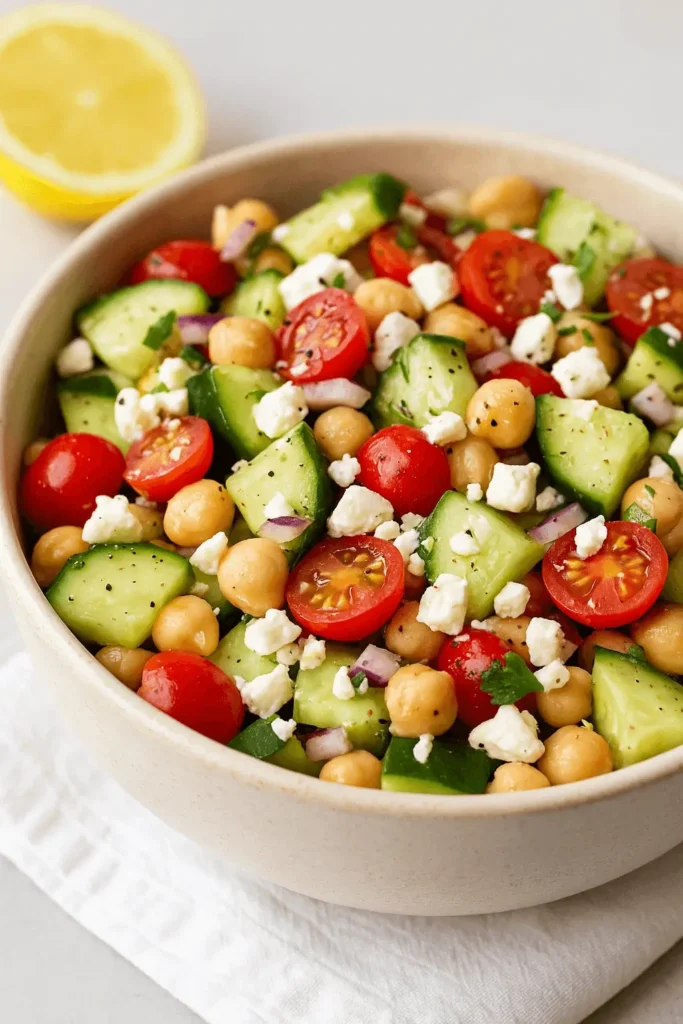 Bowl of cucumber chickpea salad with cherry tomatoes, feta, red onion, and parsley, set on a white napkin with a lemon in the background.