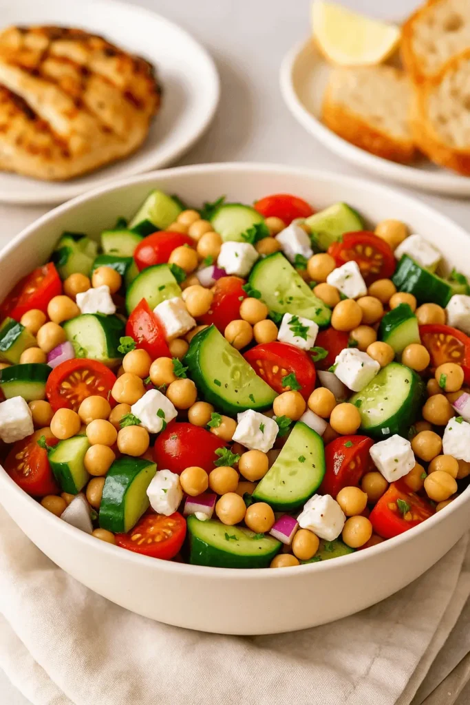 Cucumber chickpea salad served in a white bowl with cherry tomatoes, feta cubes, red onion, and fresh parsley, with grilled bread and chicken in the background.