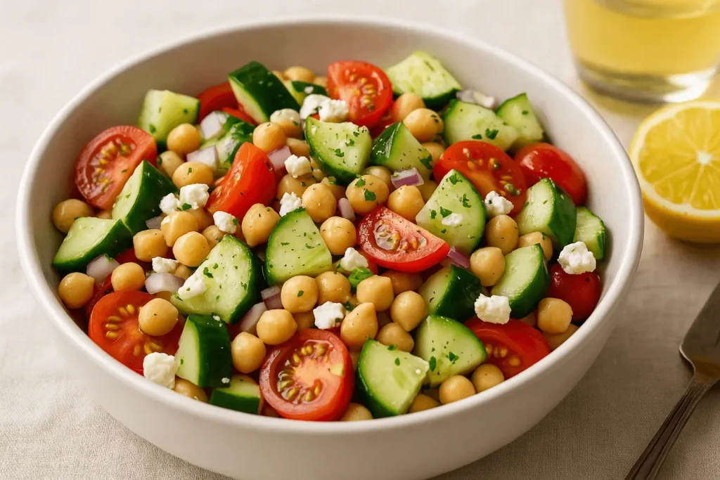 A fresh cucumber chickpea salad in a white bowl with cherry tomatoes, feta, and red onion, placed on a linen tablecloth beside a lemon and a glass of water.