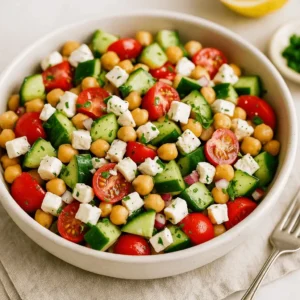 Bowl of cucumber chickpea salad with cherry tomatoes, cubed feta, chopped cucumbers, and parsley on a neutral napkin with a fork beside it.