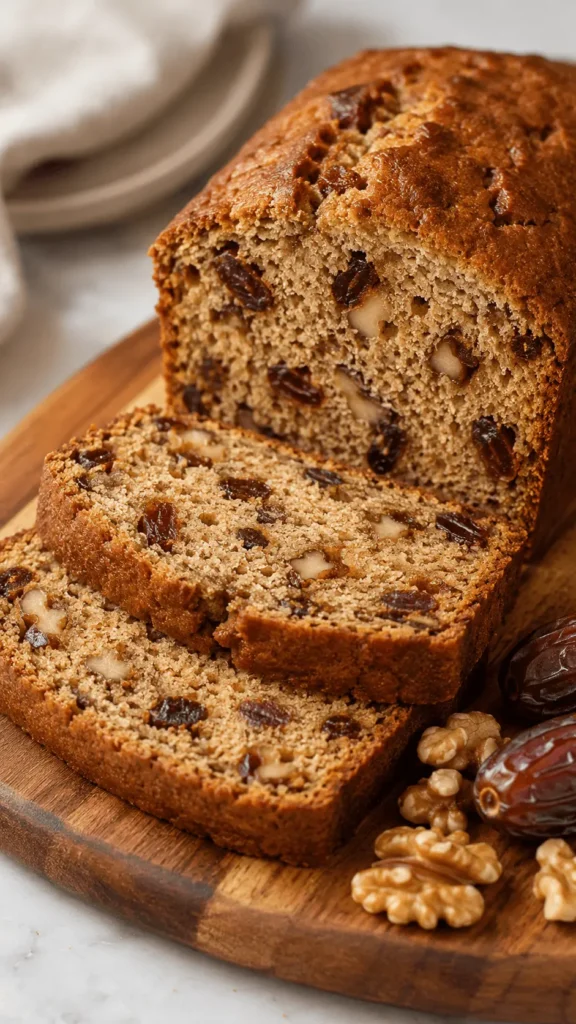 Sliced date nut bread with a golden crust, moist crumb, chopped dates, and walnuts on a wooden serving board.