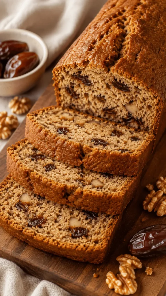 Sliced date nut bread with a golden crust, tender crumb, chopped dates, and walnuts arranged on a wooden serving board.