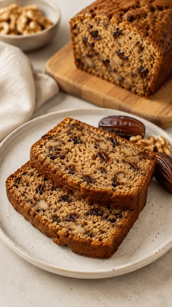 Two slices of date nut bread with chopped dates and walnuts served on a ceramic plate beside the remaining loaf.