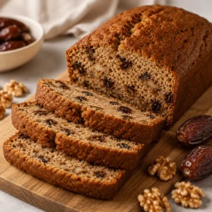 Sliced date nut bread with a golden crust, moist crumb, chopped dates, and walnuts arranged on a wooden board.