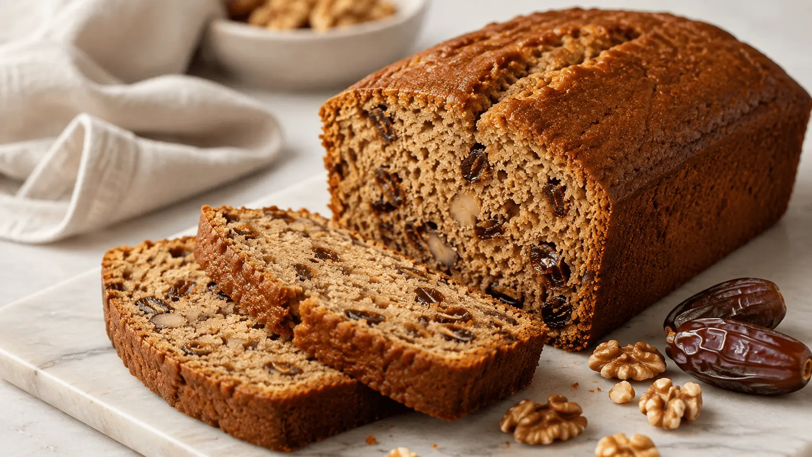 Sliced date nut bread with chopped dates and walnuts, showing a moist crumb and golden-brown crust on a light marble board.