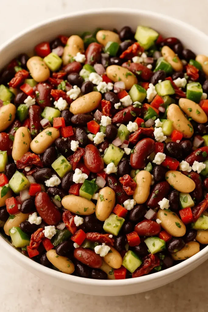 Close-up of a colorful dense bean salad with black beans, cannellini beans, cucumber, red bell pepper, sun-dried tomatoes, and crumbled feta.