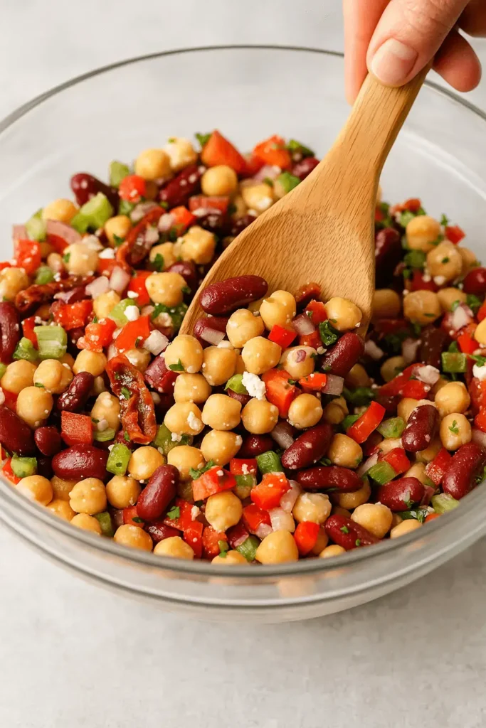 Hand stirring a colorful dense bean salad with kidney beans, chickpeas, and diced vegetables in a glass bowl.