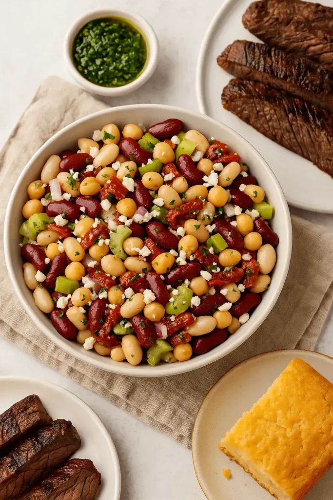 A serving suggestion featuring dense bean salad with grilled steak, chimichurri sauce, and cornbread on a neutral table setting.