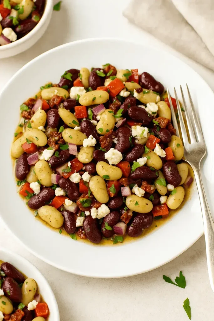 A plated serving of dense bean salad with kidney and cannellini beans, diced vegetables, feta, and vinaigrette.
