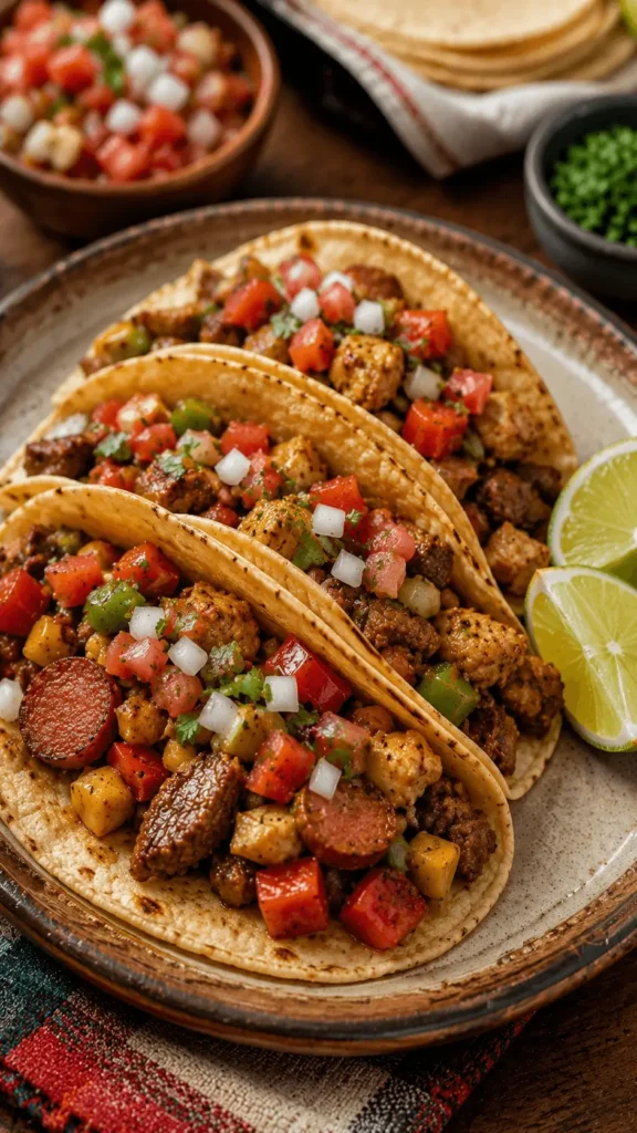 Discada tacos filled with seasoned beef, chicken, sausage, peppers, onions, tomatoes, corn, cilantro, and lime.