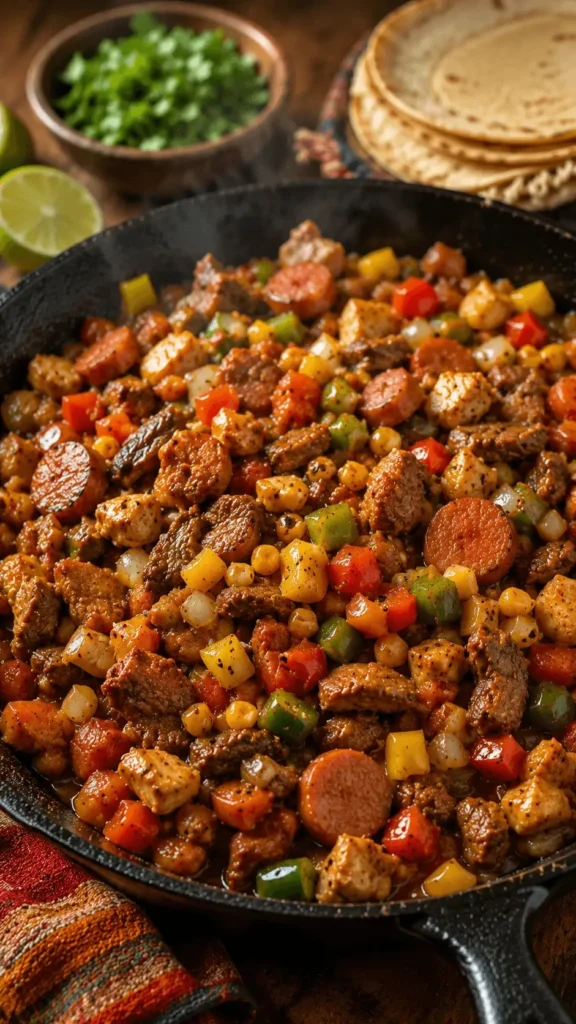 Discada with seared beef, chicken, sausage, corn, onions, tomatoes, and colorful peppers served hot in a skillet.