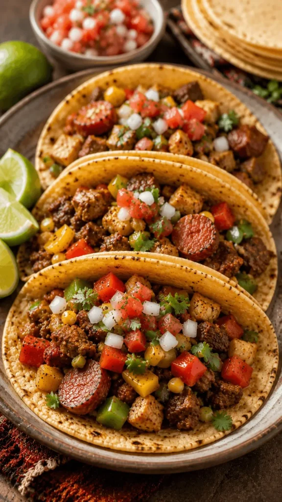 Discada tacos filled with beef, chicken, sausage, corn, peppers, onions, tomatoes, cilantro, and fresh lime.