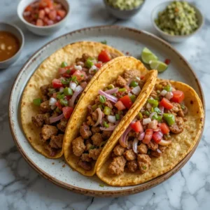 Three discada tacos filled with seasoned meat, tomatoes, green peppers, and onions, served with lime wedges and small bowls of toppings.