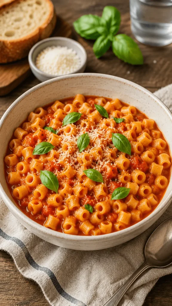 A rustic bowl of ditalini pasta in rich tomato sauce, topped with grated Parmesan and fresh basil, served with bread.