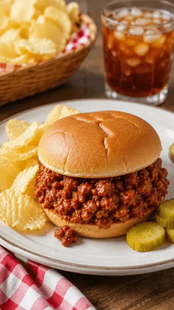 Easy sloppy joe recipe 3 ingredients served on a soft bun with saucy ground beef, ridged potato chips, pickle slices, and an iced drink.