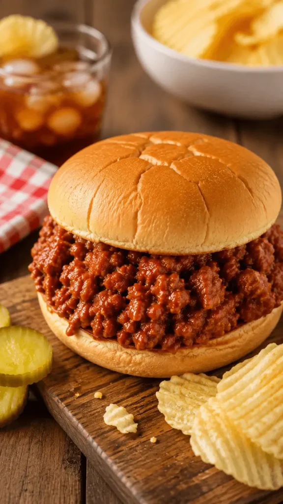 Easy sloppy joe recipe 3 ingredients served on a soft bun with saucy ground beef, ridged potato chips, pickle slices, and an iced drink.