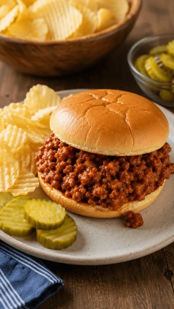 Easy sloppy joe recipe 3 ingredients served on a soft golden bun with saucy ground beef, ridged potato chips, and pickle slices.