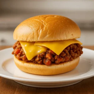 Easy sloppy joe recipe 3 ingredients sandwich with melted cheddar on a soft bun, served on a white plate.