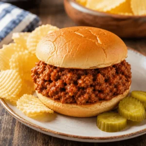 Easy sloppy joe recipe 3 ingredients served on a soft bun with saucy ground beef, potato chips, and pickle slices.