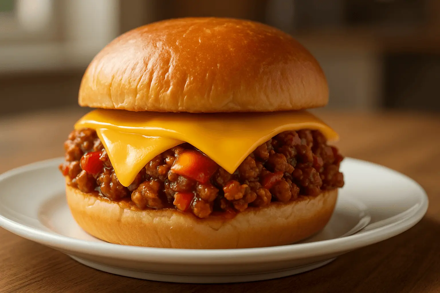 Easy sloppy joe recipe 3 ingredients with melted cheddar layered on a soft brioche bun, served on a white plate.