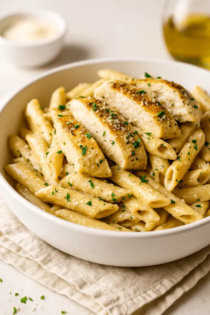A bowl of garlic parmesan chicken pasta with creamy penne and golden pan-seared chicken breast, garnished with fresh parsley.