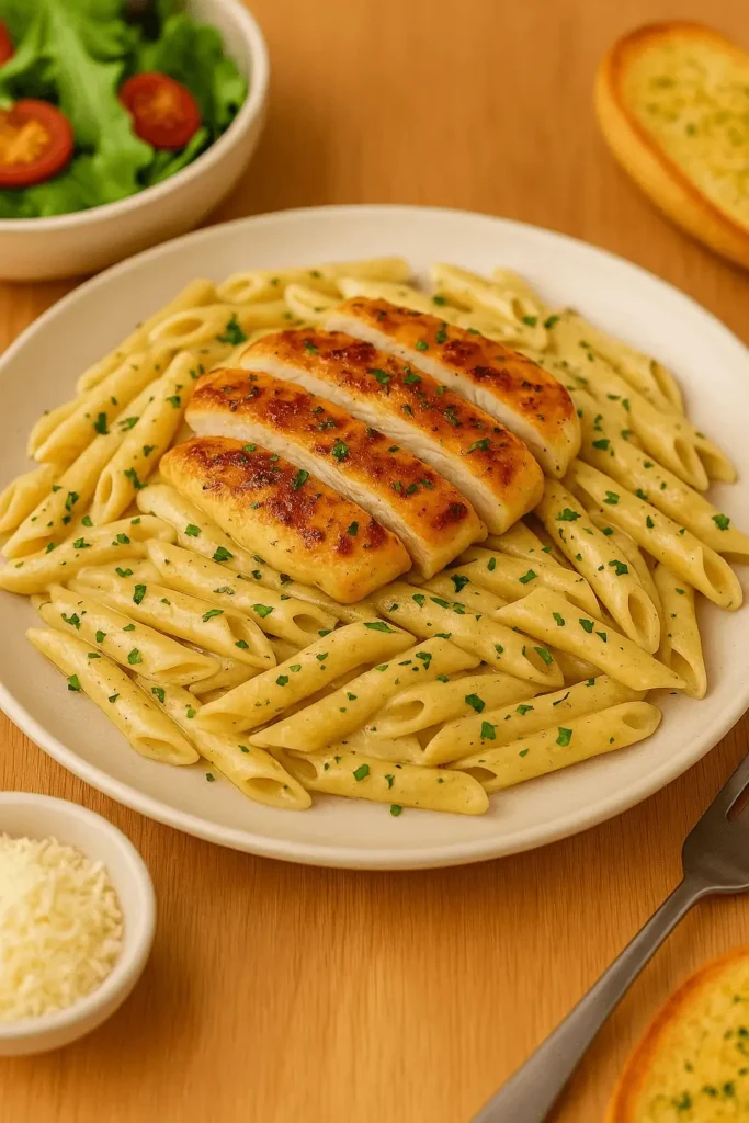 A plate of creamy garlic parmesan chicken pasta topped with golden seared chicken and garnished with chopped parsley, served with garlic bread and salad.