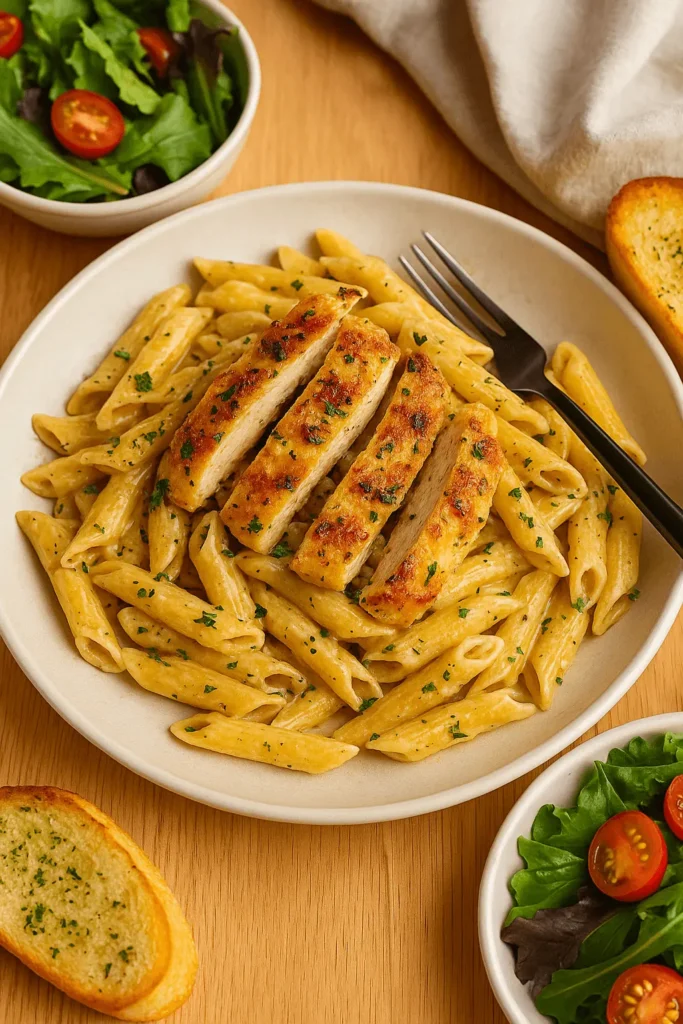 A plate of garlic parmesan chicken pasta served with toasted garlic bread and fresh salad on a wooden table.