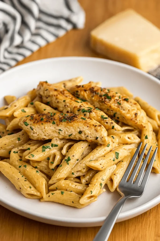 A plate of garlic parmesan chicken pasta with creamy penne, seared chicken strips, and a sprinkle of parsley, served with a fork.