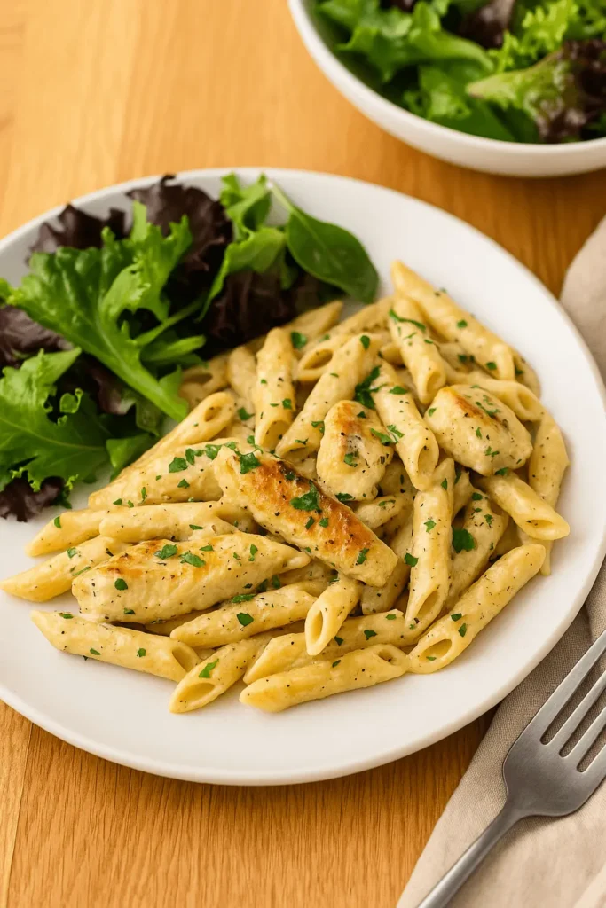 A plate of garlic parmesan chicken pasta served with a side of fresh mixed greens on a white dish.