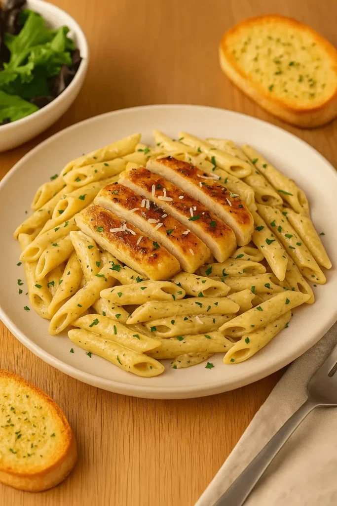 A warm plate of garlic parmesan chicken pasta topped with seared chicken strips and sprinkled parsley, served with garlic bread and salad.