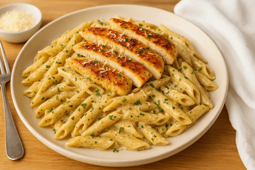 A plate of garlic parmesan chicken pasta with seared chicken slices on top of creamy penne, garnished with parsley and served on a white dish.