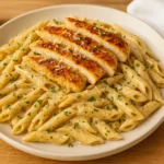 A plate of garlic parmesan chicken pasta with seared chicken slices on top of creamy penne, garnished with parsley and served on a white dish.