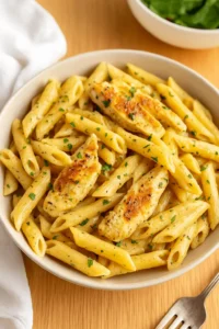 A bowl of garlic parmesan chicken pasta with creamy penne and golden seared chicken breast, garnished with parsley.
