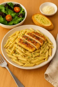 A plate of garlic parmesan chicken pasta served with a side salad, garlic bread, and grated cheese.