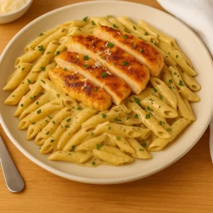 A close-up of garlic parmesan chicken pasta featuring creamy penne and golden seared chicken, garnished with fresh parsley.
