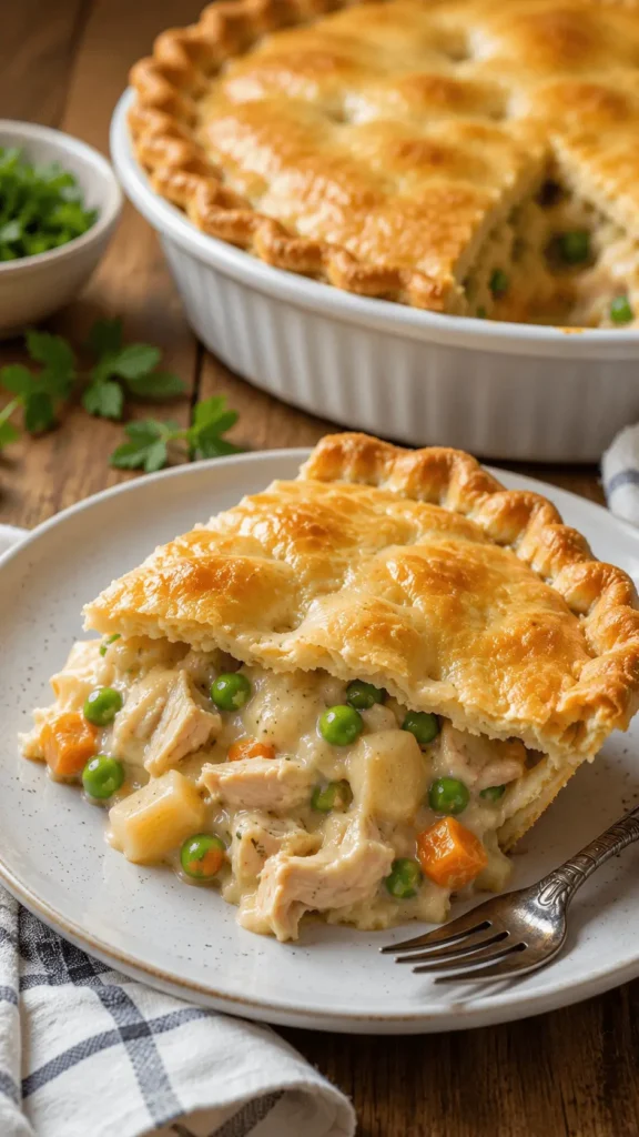 Gluten free chicken pot pie slice with golden flaky crust, creamy chicken filling, peas, and carrots served on a ceramic plate.