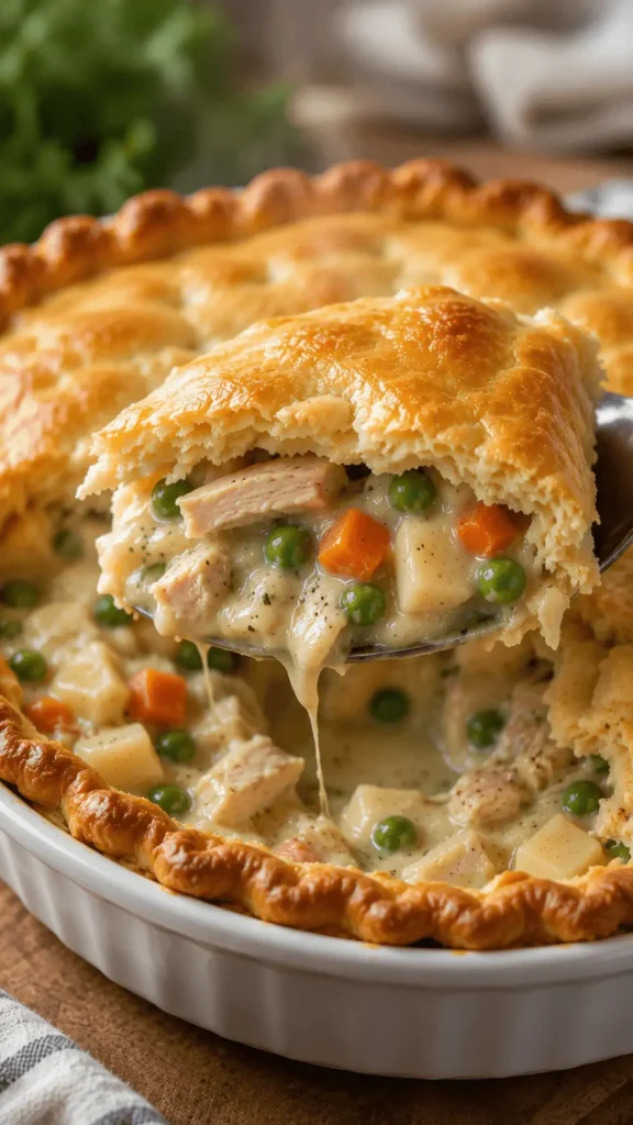 Gluten free chicken pot pie with a golden flaky crust and a spoonful of creamy chicken, peas, carrots, and diced vegetables.