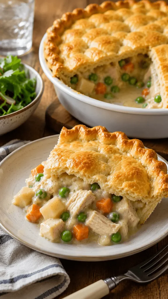 Gluten free chicken pot pie slice with golden flaky crust, creamy chicken filling, peas, carrots, and diced vegetables beside the remaining pie.