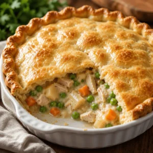 Gluten free chicken pot pie with a golden flaky crust and creamy filling of chicken, peas, carrots, and diced vegetables in a white baking dish.
