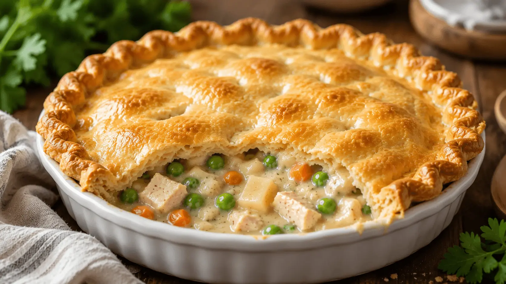Gluten free chicken pot pie with a golden flaky crust, creamy chicken filling, peas, and carrots in a white baking dish.