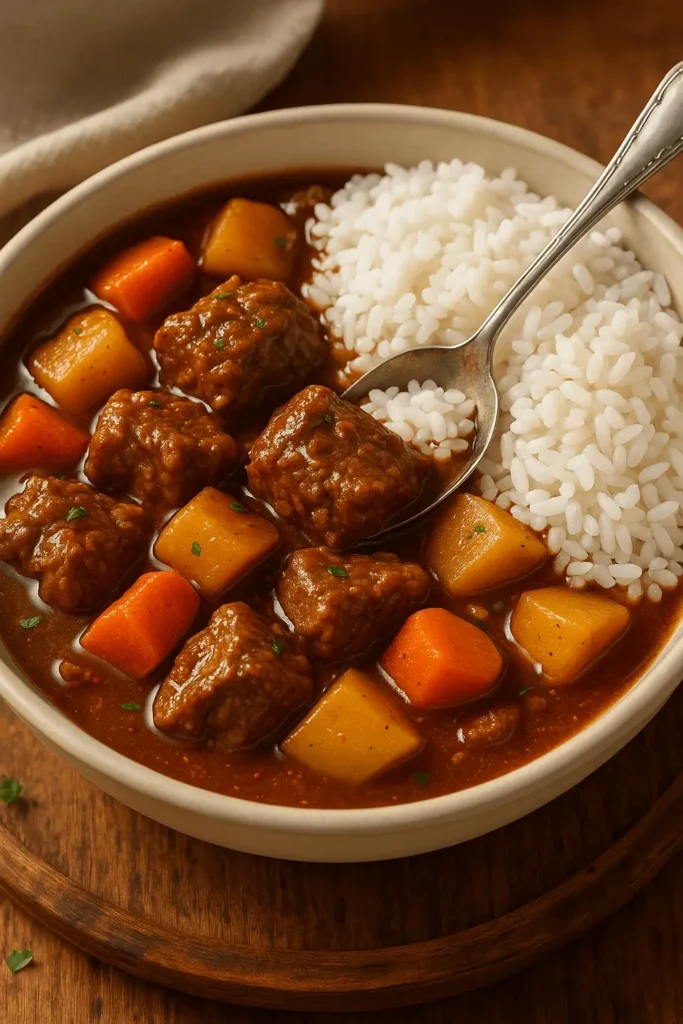 Hearty Hawaiian Beef Stew Recipe served with white rice, featuring tender beef chunks, carrots, and potatoes in rich brown gravy.