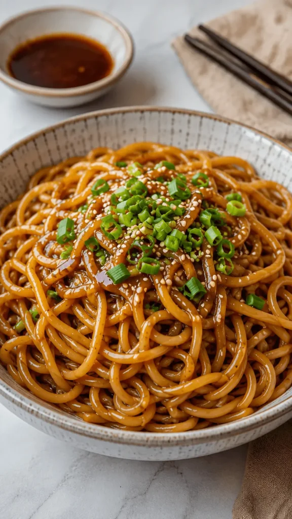 Hibachi noodles recipe served in a ceramic bowl with glossy sauce, chopped green onions, and sesame seeds.
