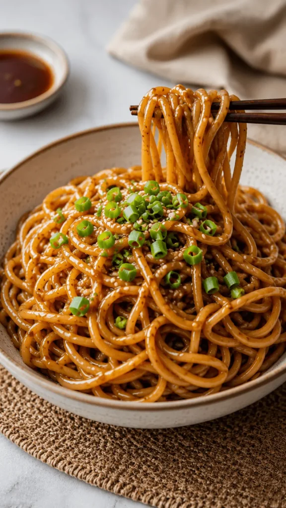 Hibachi noodles recipe with glossy noodles, green onions, and sesame seeds being lifted from a ceramic bowl with chopsticks.