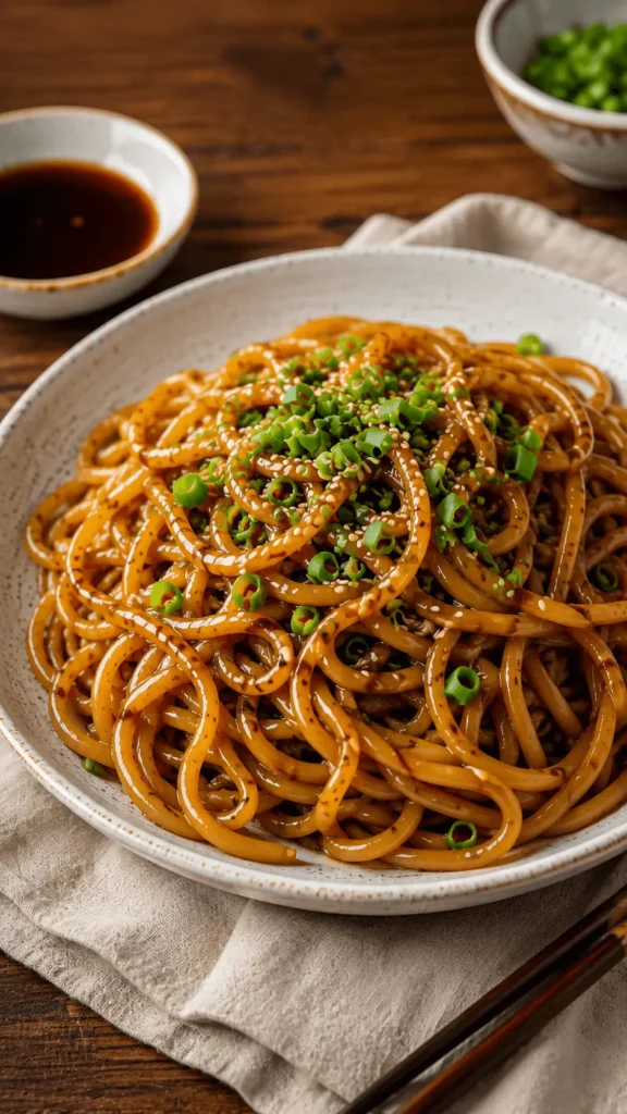 Hibachi noodles recipe served in a ceramic bowl with glossy noodles, chopped green onions, sesame seeds, and a small dish of sauce.
